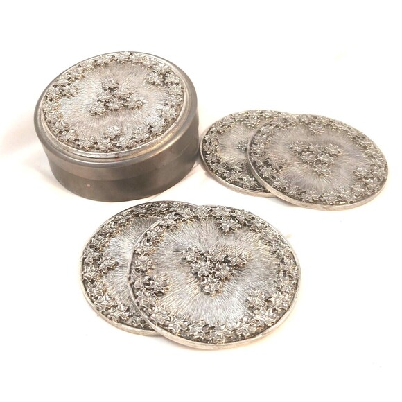 Vintage Metzke 4 Pewter Metal Round Coasters Flower design with tin box 1984 - Picture 2 of 5